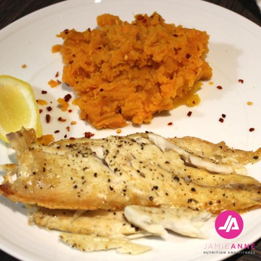 Oven Baked Sea Bass with Sweet Potato Chilli Mash